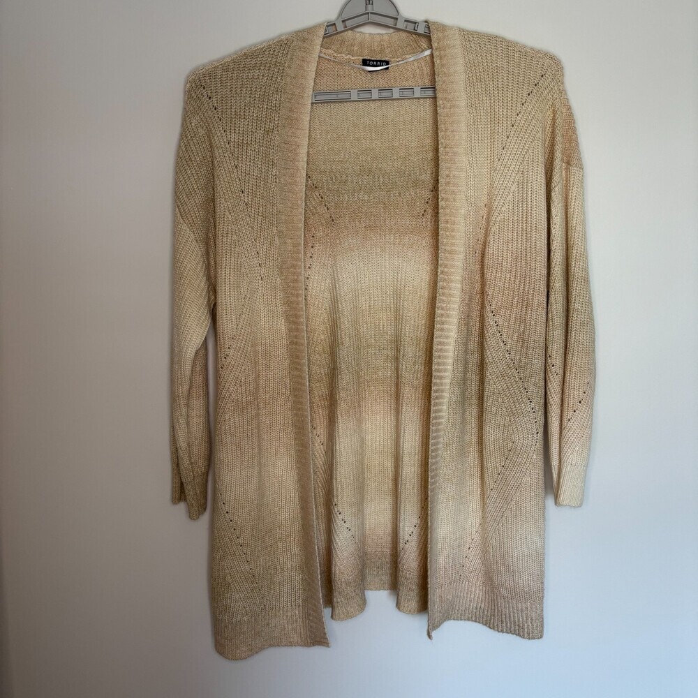 TORRID Open Front Knit Cardigan Tan Ombre Plus 2X Stretch Ribbed Hem Flowy